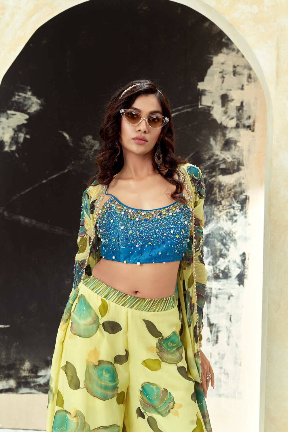 Lime Yellow hand painted palazzo and jacket set