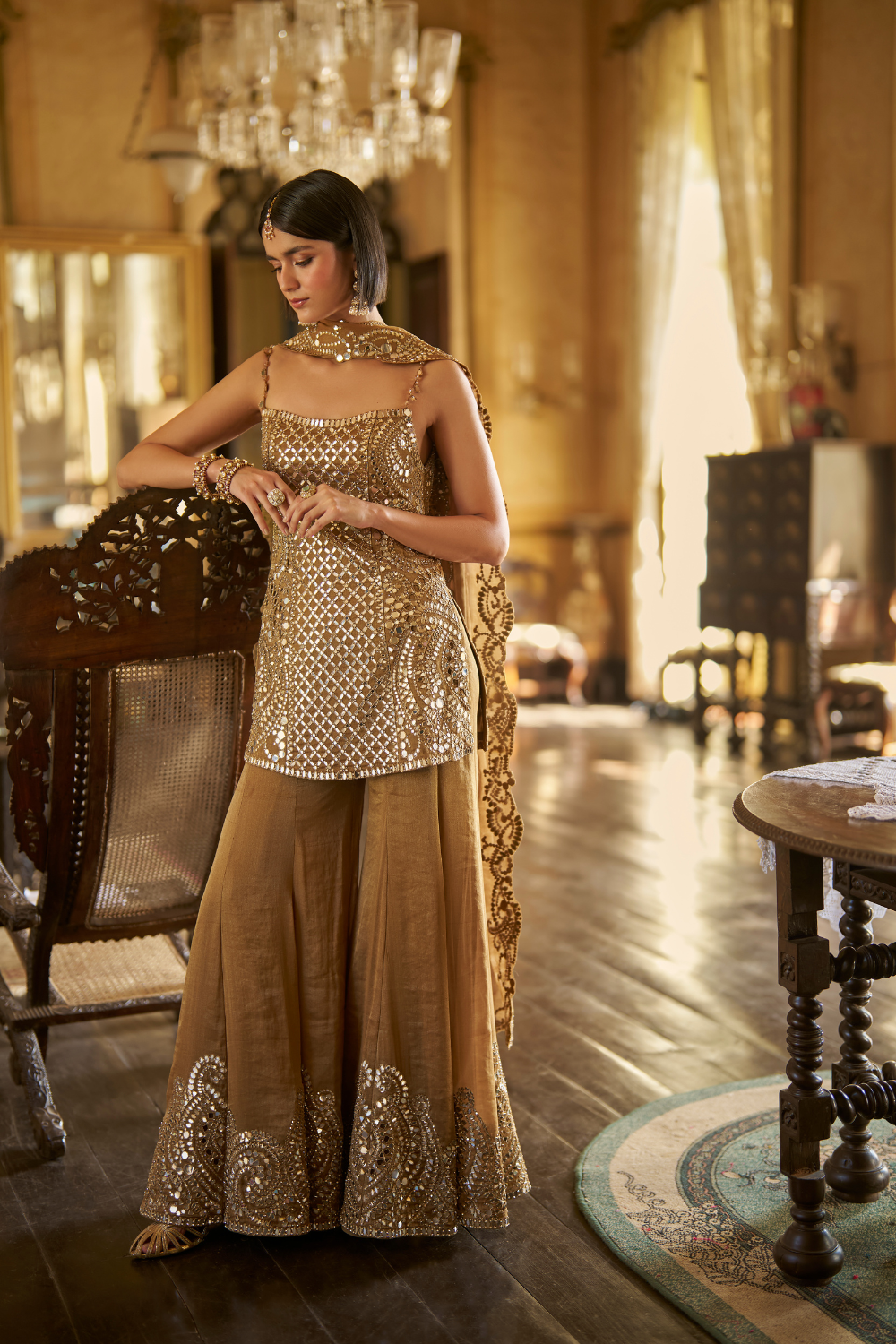 Antique Gold Mirror Sharara Set