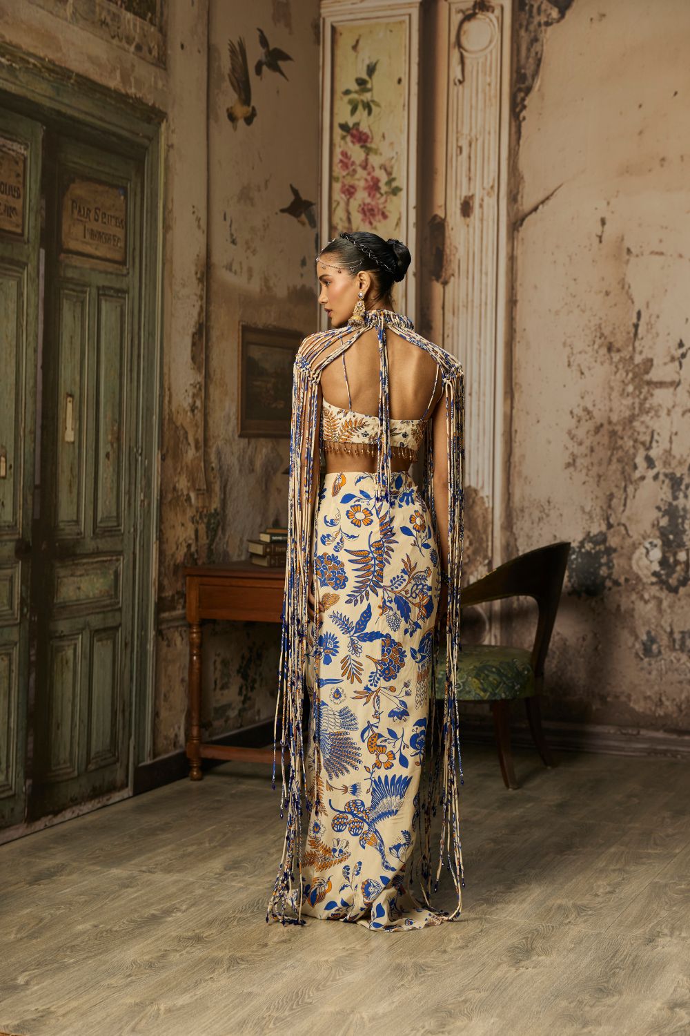 IVORY PRINTED AND HIGHLIGHTED BLOUSE WITH FRINGE JACKET & SKIRT SET