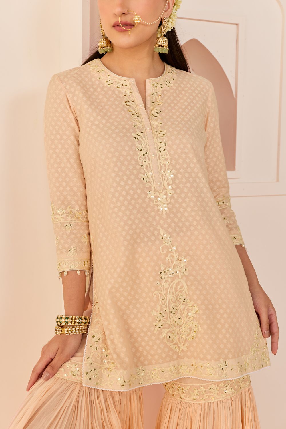 YASNEEN - CARNATION PINK SHORT KURTA WITH GARARA AND DUPATTA