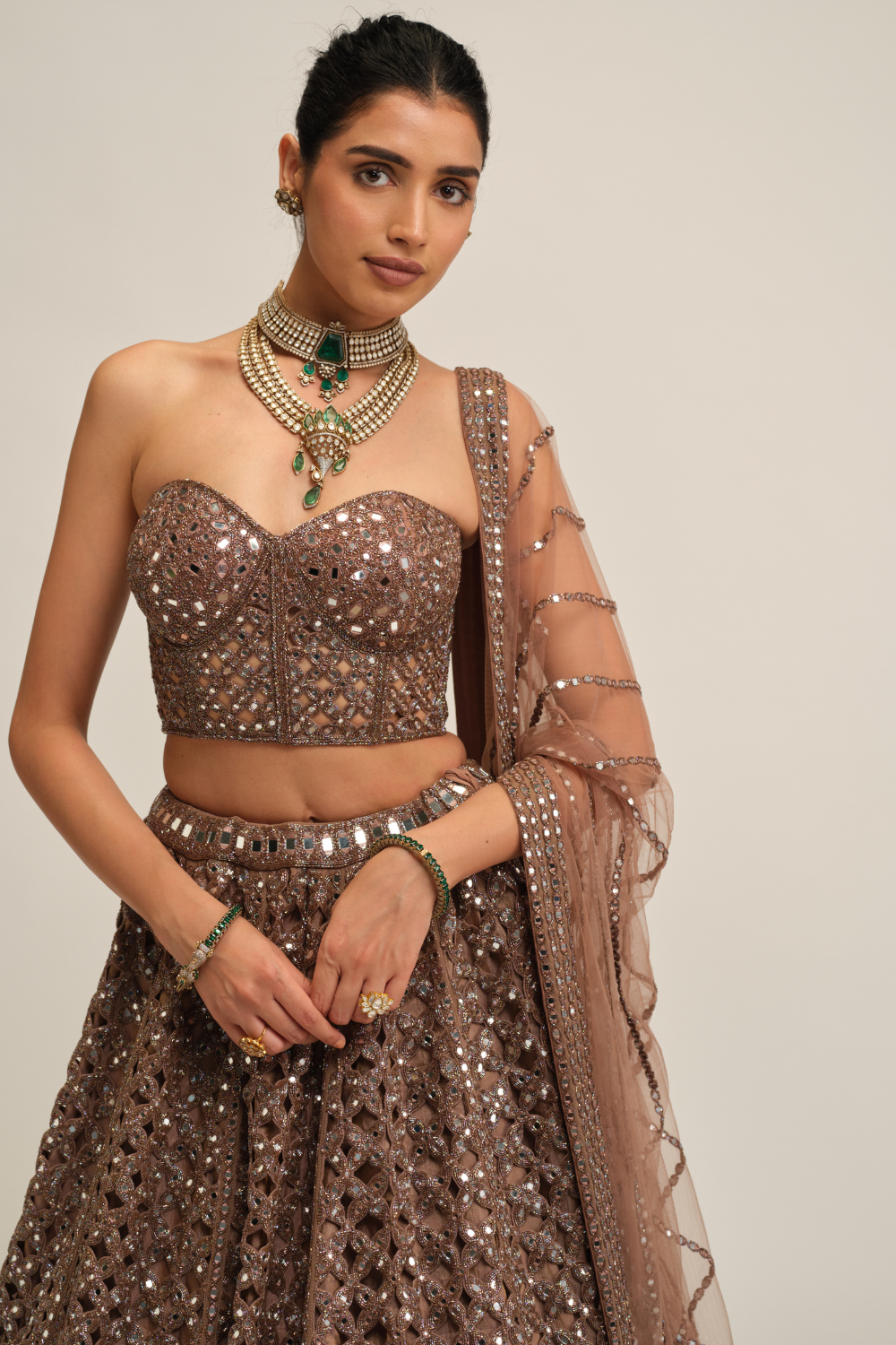 Deep Beige Flower Cutwork Lehenga Set