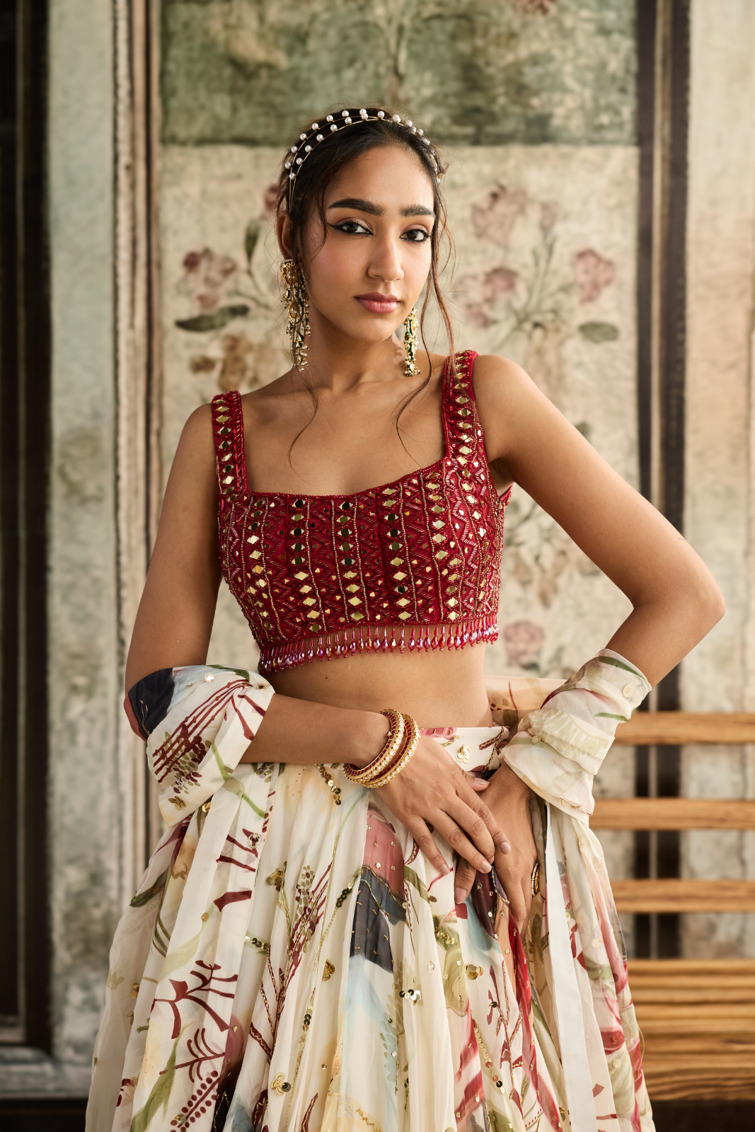 IVORY FLORAL PRINT AND HIGHLIGHTED LEHENGA SET