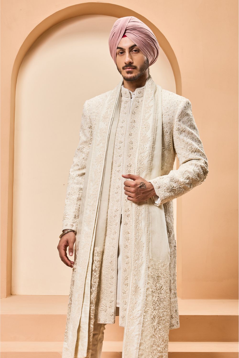 Ivory sherwani detailing with pearl,sequins and thread work