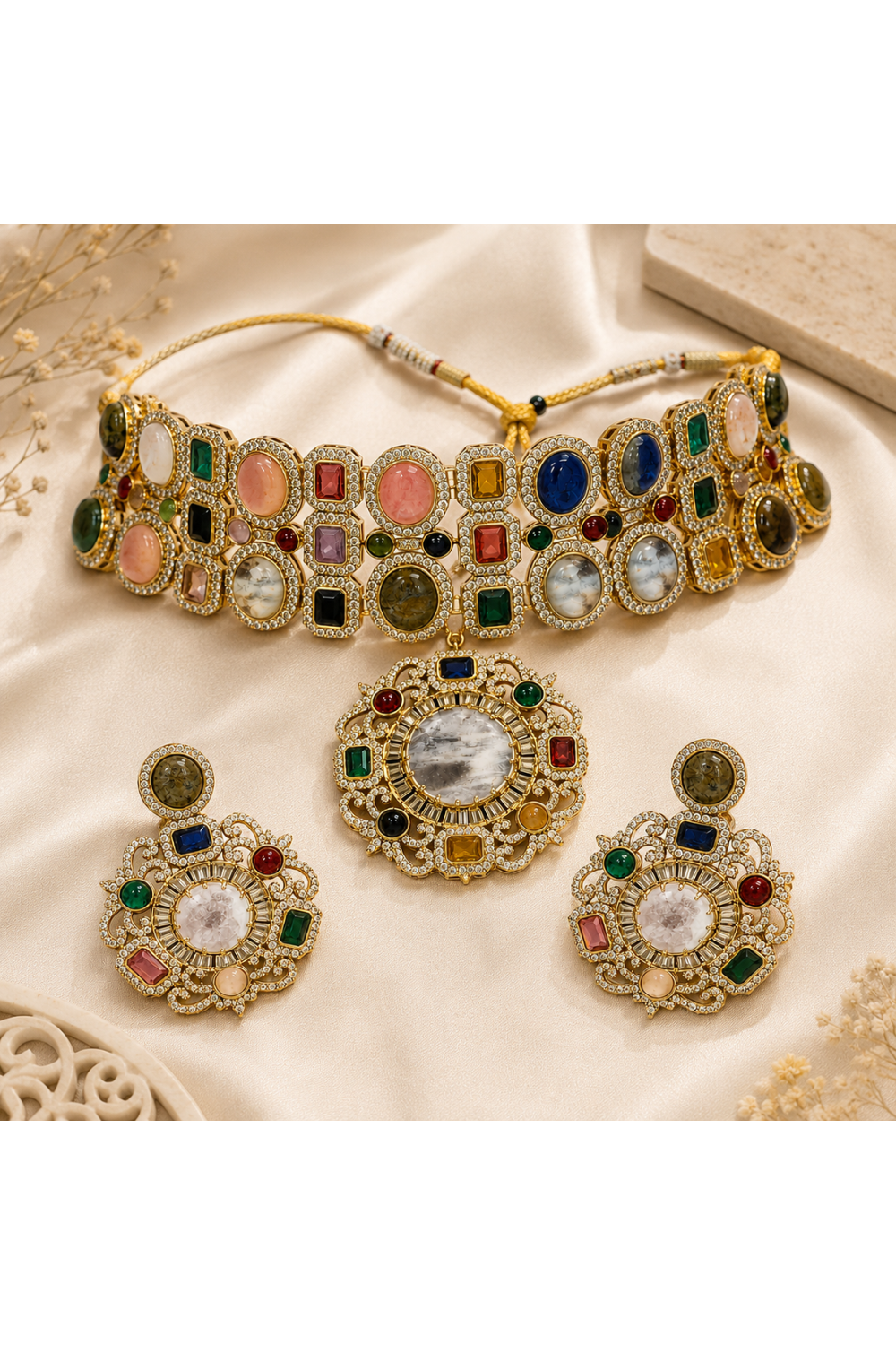 Multicolour Semi-Precious Stone Moissanite Choker Set