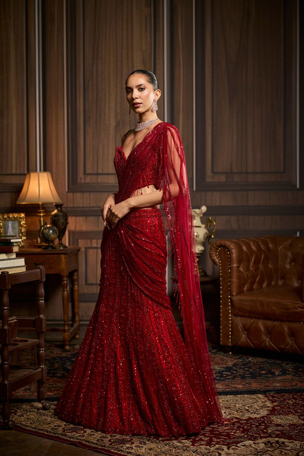 VERMELLION RED EMBELLISHED PRE-DRAPED SKIRT SAREE SET
