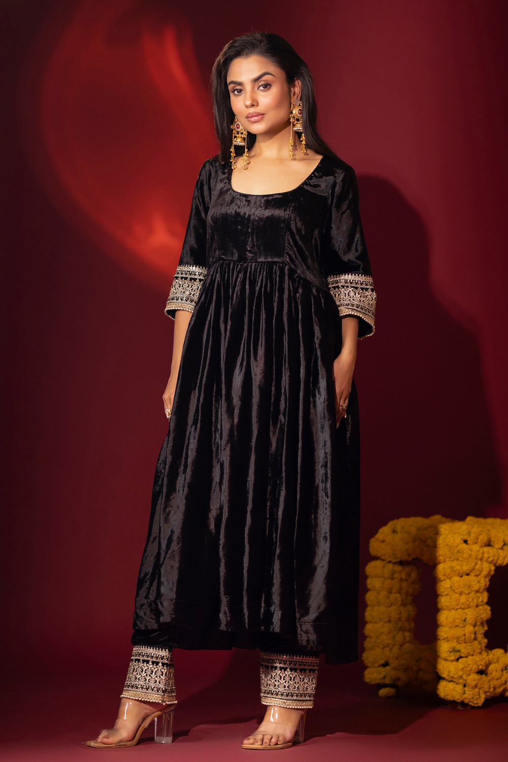 Black Silk Velvet Anarkali and Pants with Organza Dupatta