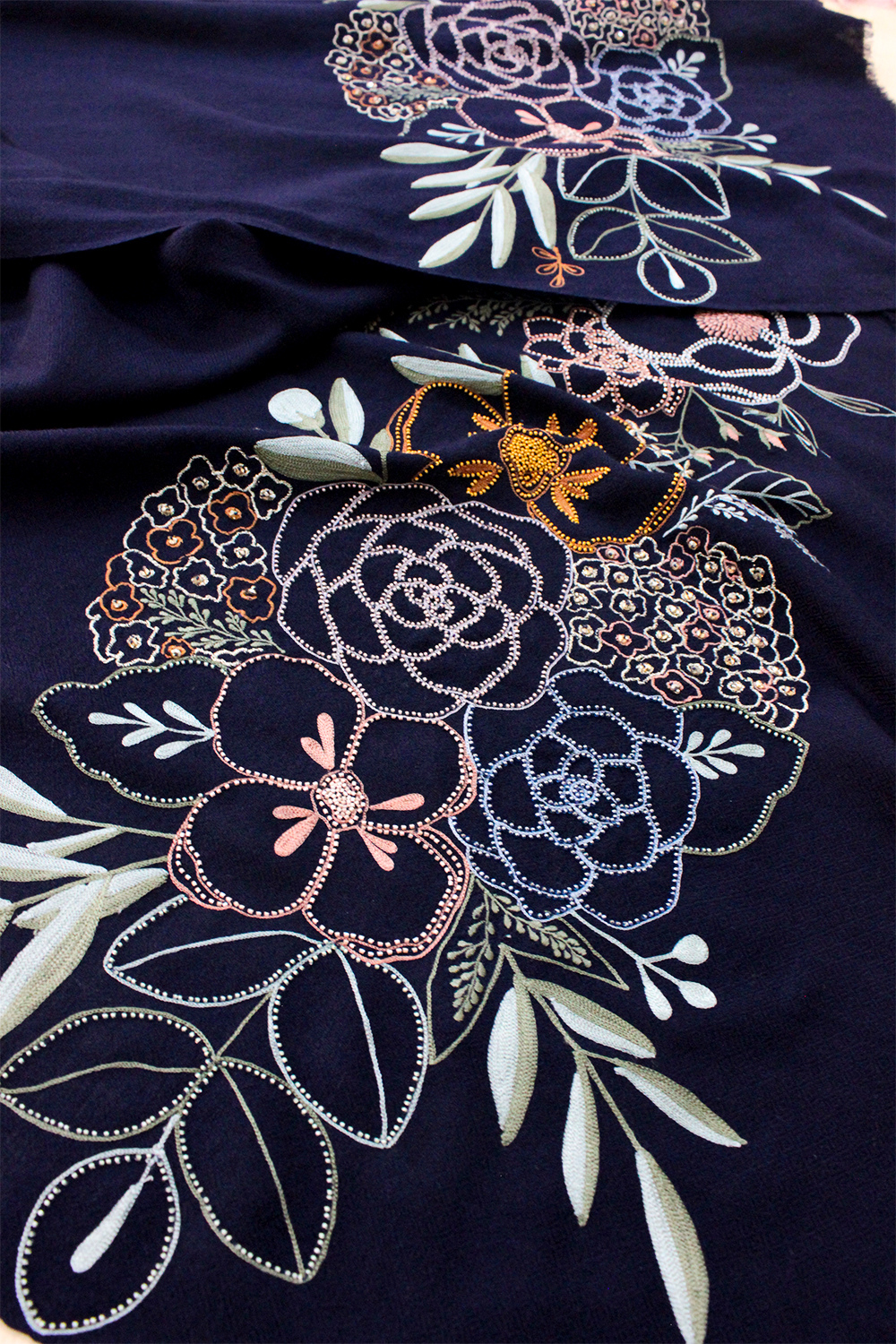 Floral Bouquet | Embroidered Fine Merino Wool Stole