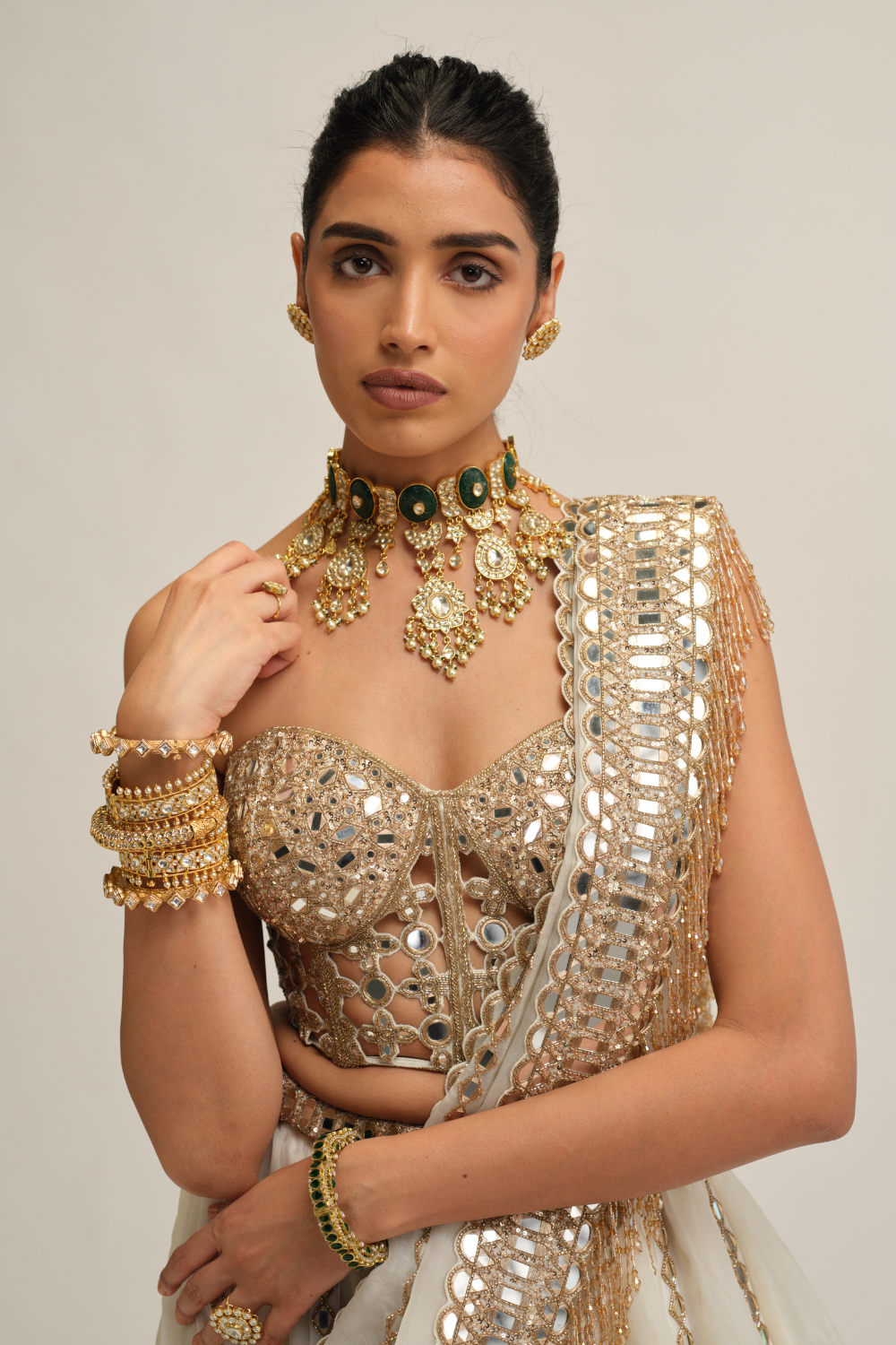 Off White Linear Lehenga with Corset Set