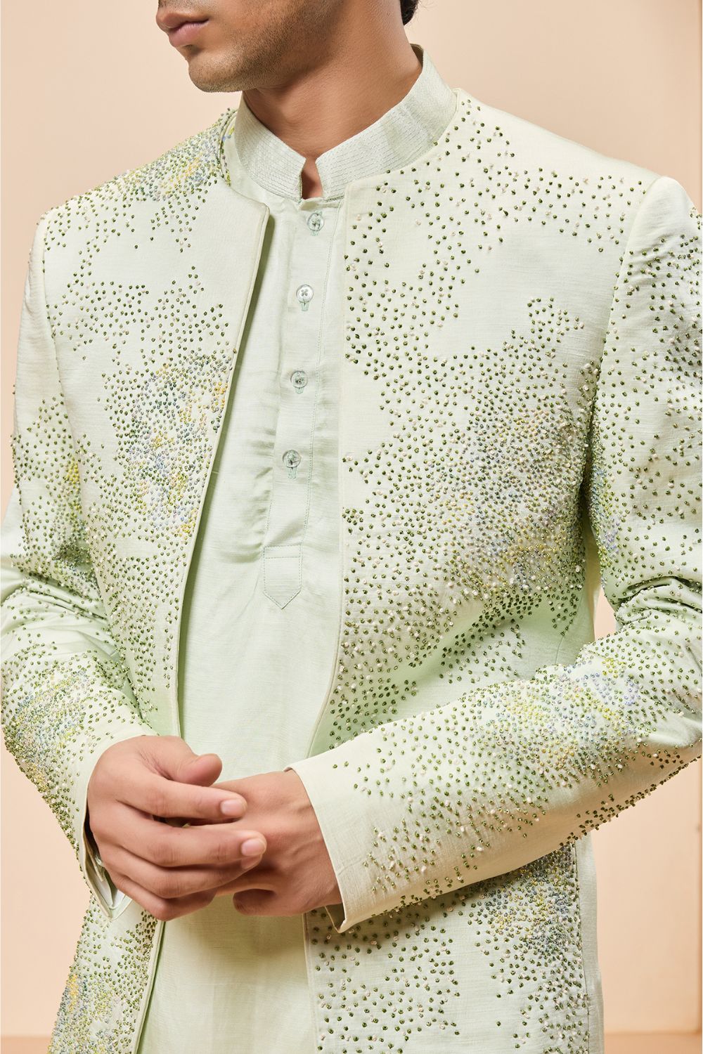 Green open bandhgala with thread , sequins & pearl work