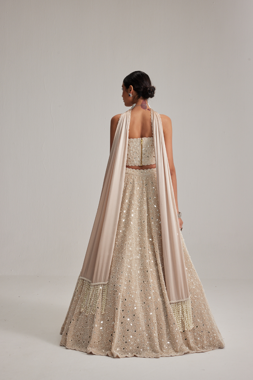 Light Beige mirror and pearl Corset lehenga set With Stole