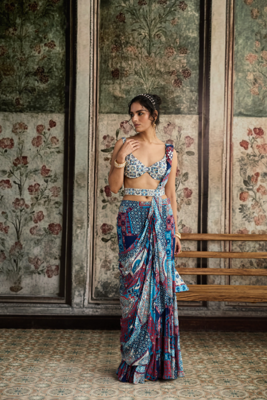 IVORY BUTTA PRINT AND HIGHLIGHTED BLOUSE WITH TEAL PRINT AND HIGHLIGHTED GHARARA SAREE SET