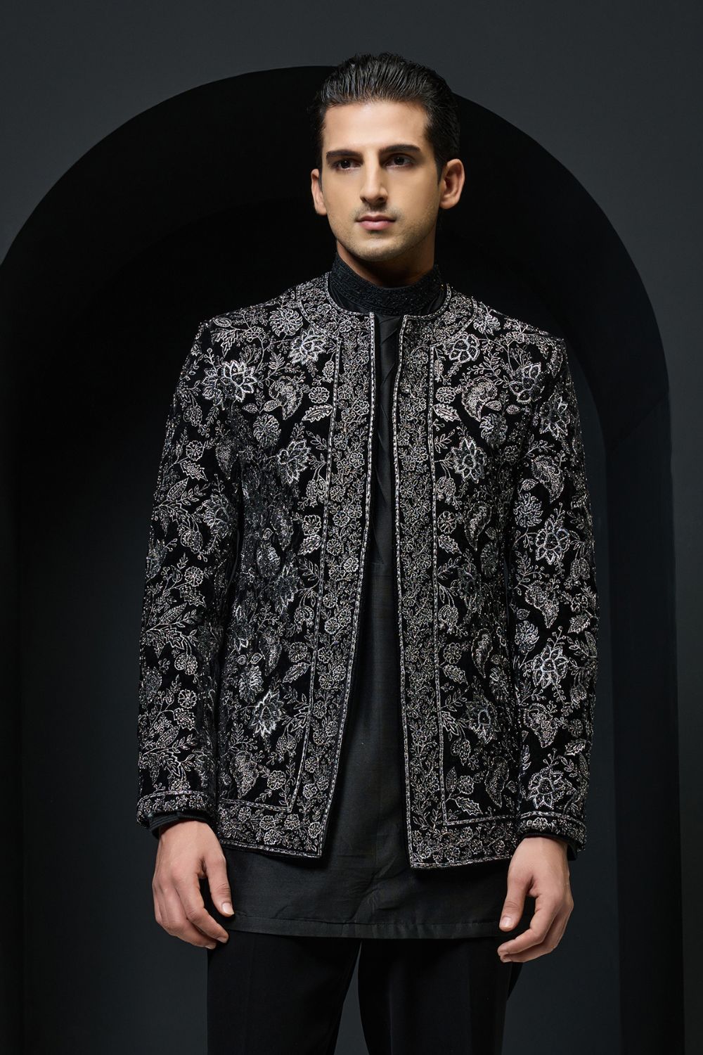 Black open bandhgala with silver zari , sequins & pearl work