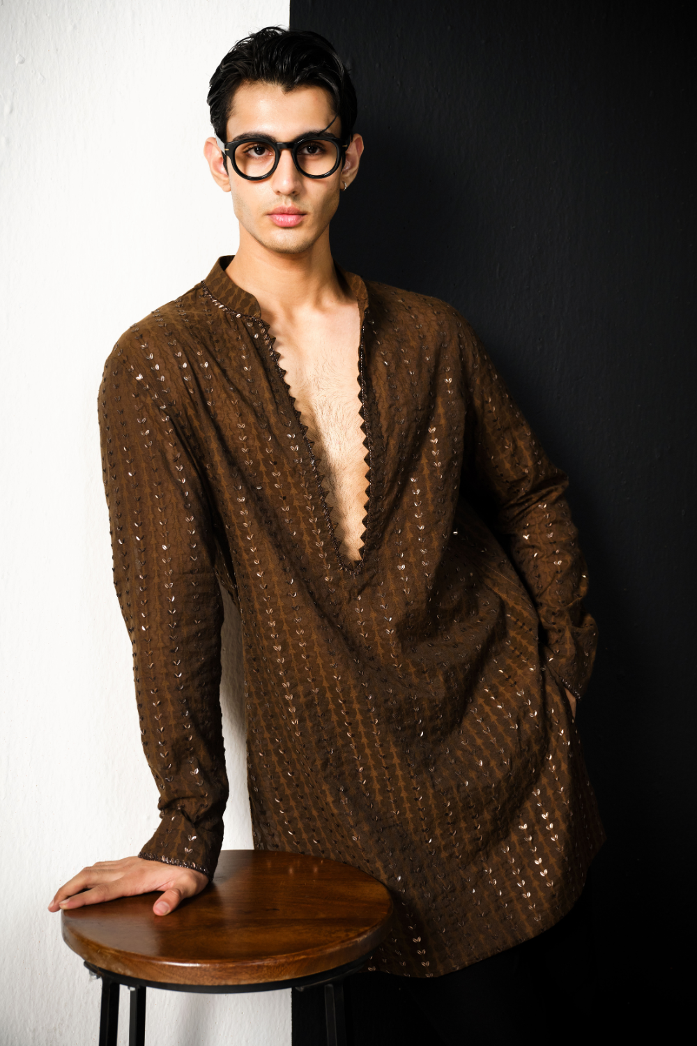 Espresso brown Chanderi kurta with patra work