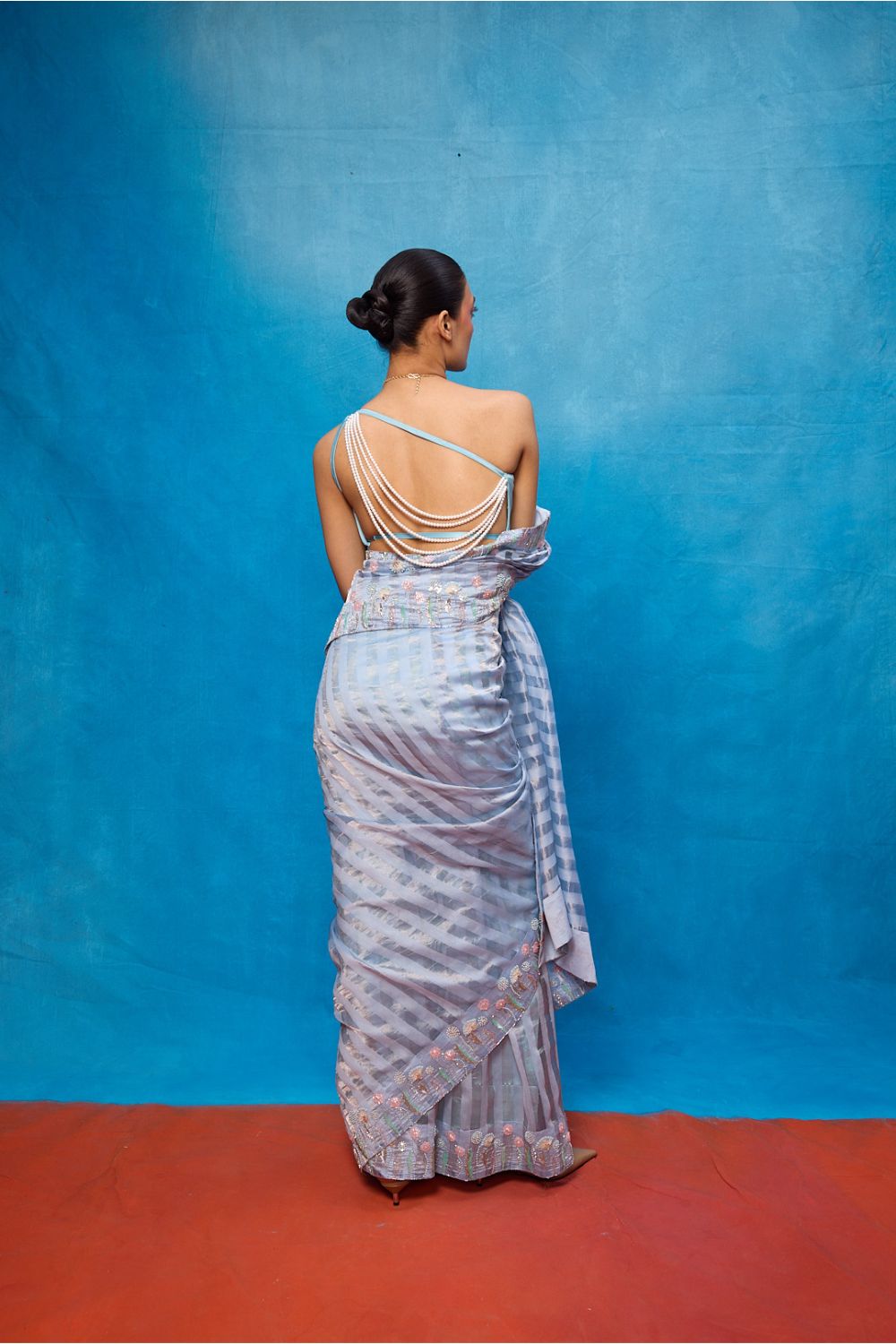 Handwoven Ice Blue Tissue Embroidered Saree