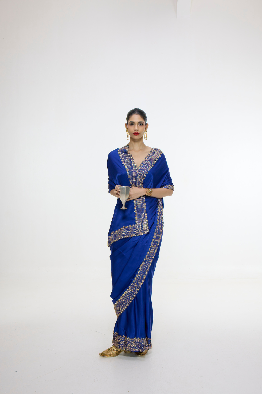 Handwoven Marine Blue Mashroo Silk Saree with Embroidered Border