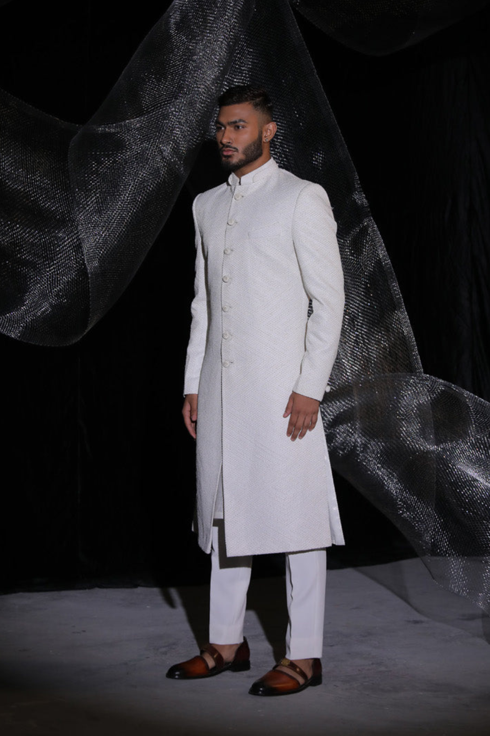 Pearl White Sherwani With Hand Embroidery On Dupatta