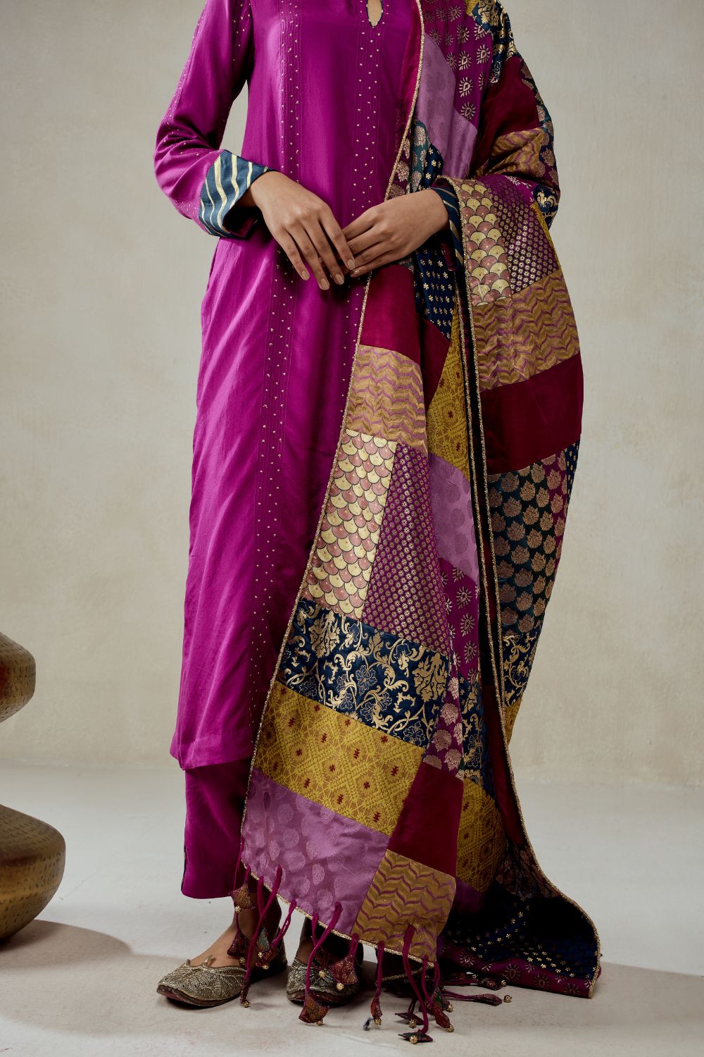 Wine Salwar Suit With Multicolour Brocade Dupatta Set