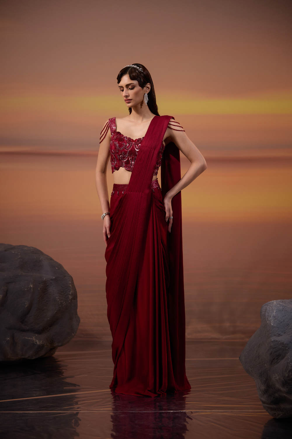 Dark Maroon Embellished Drape Saree Set