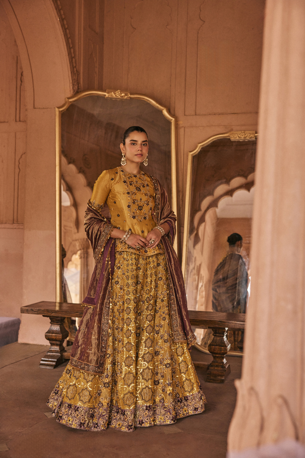 Yellow, Purple, hand embroidery, Dori, Tissue, Lehenga Set