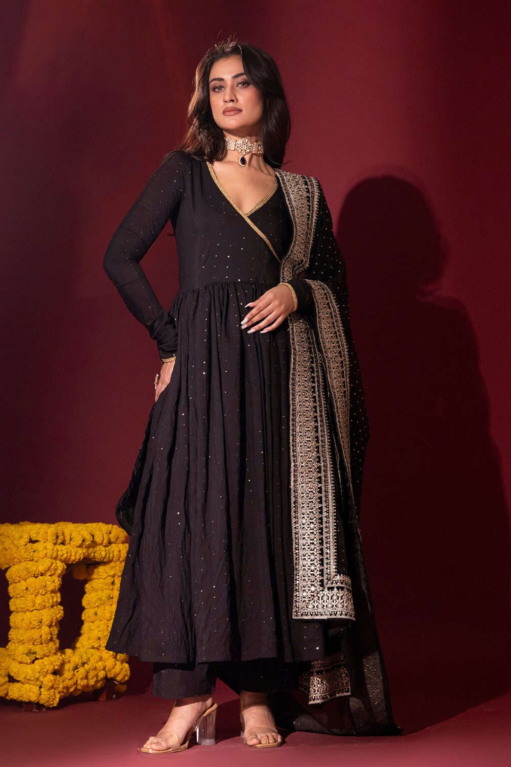 Black Chanderi Anarkali Set
