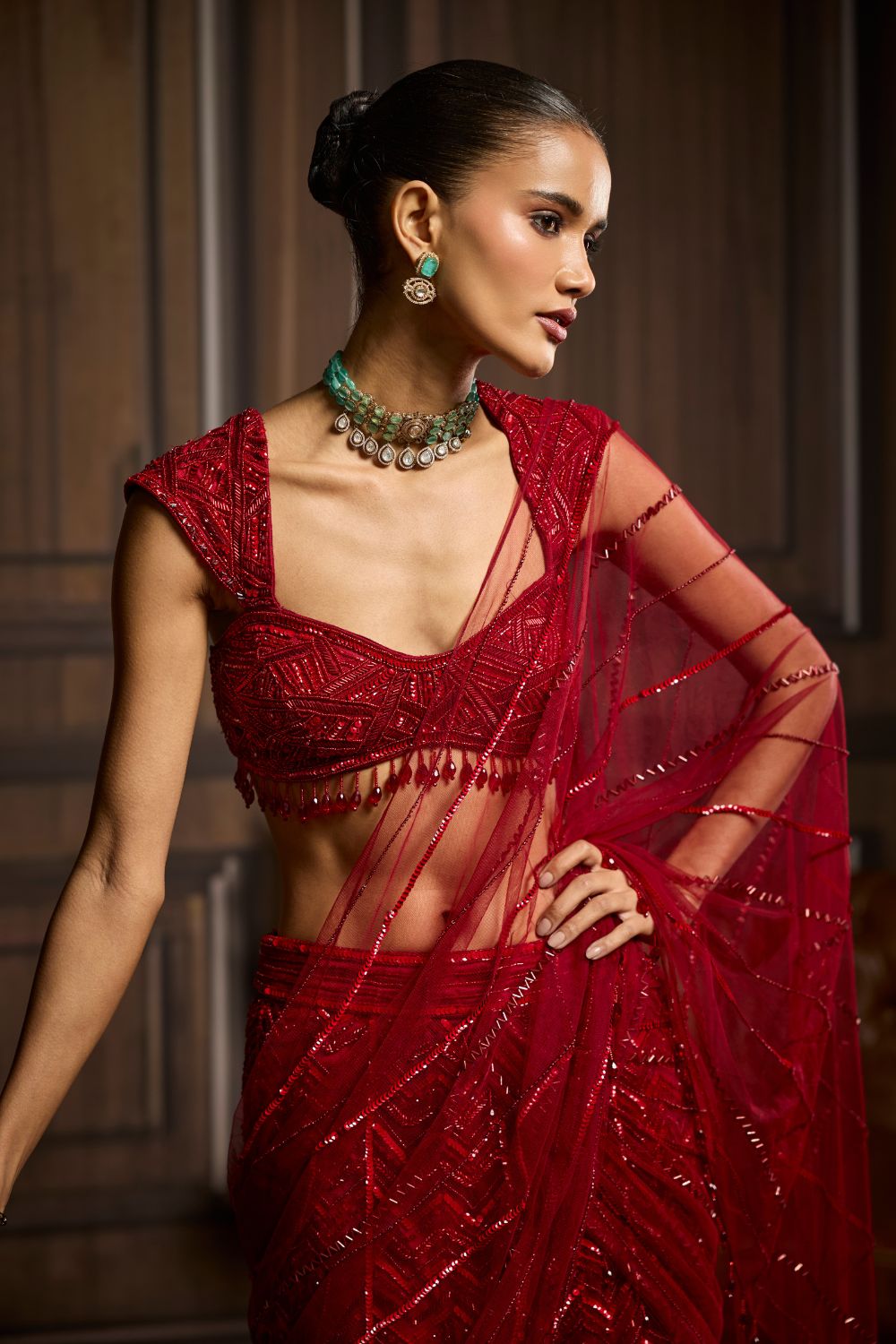 RED EMBELLISHED DRAPED PRE-DRAPED SKIRT SAREE SET