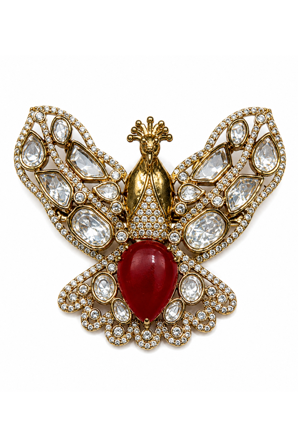 Gold Plated Ruby Red Stone Peacock Motif Brooch