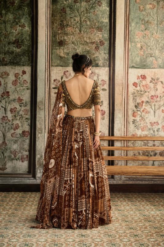 CARAMEL METALLIC EMBROIDERED BLOUSE AND CARAMEL PRINTED LEHENGA SET