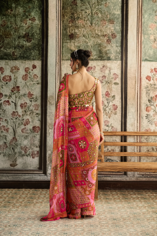 SAGE BUTTA PRINT AND HIGHLIGHTED ONE-SHOULDER BLOUSE WITH YELLOW-FUSCHIA PRE-DRAPED CLASSIC SAREE SET