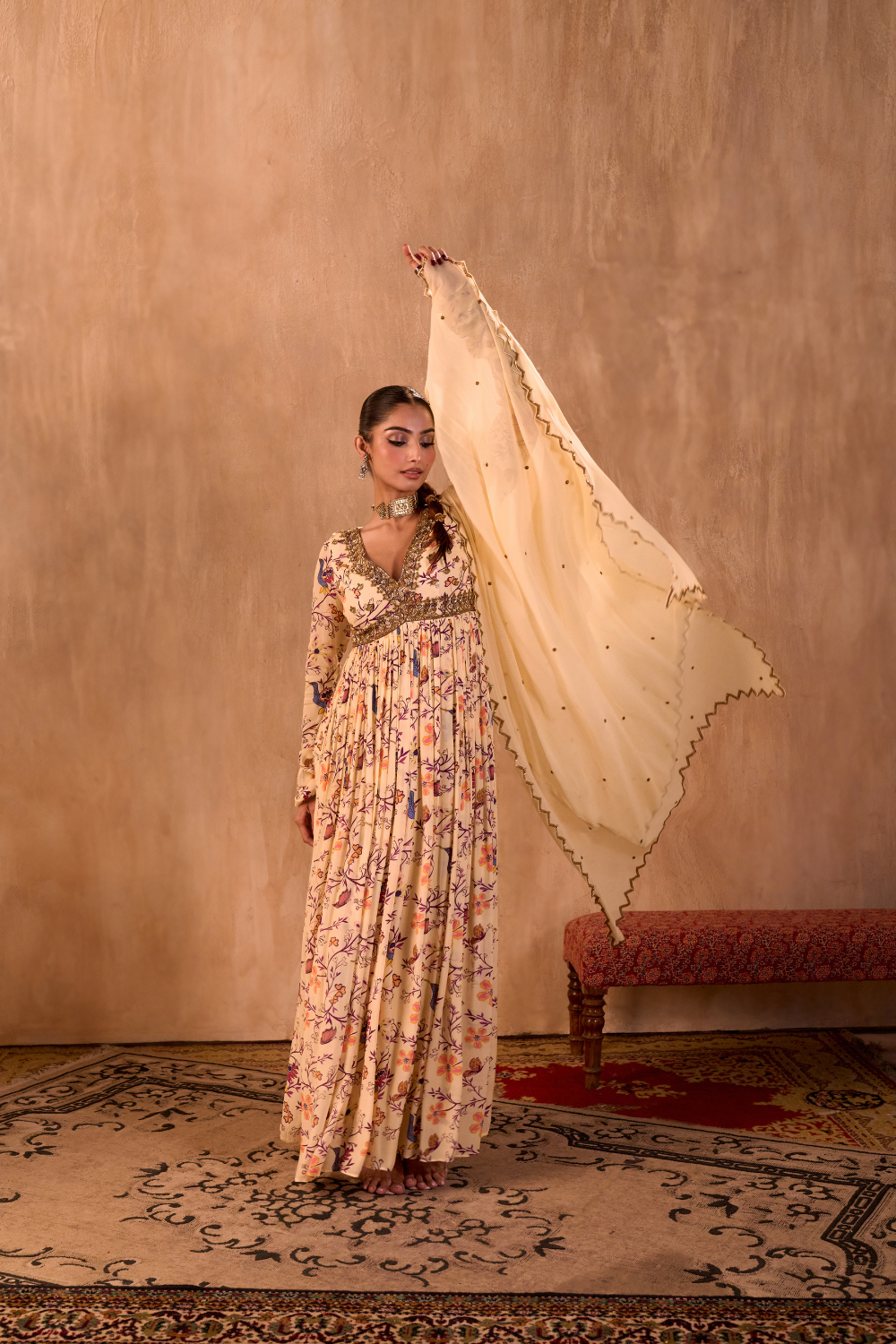IVORY PRINT EMBROIDERED ANARKALI AND DUPATTA SET