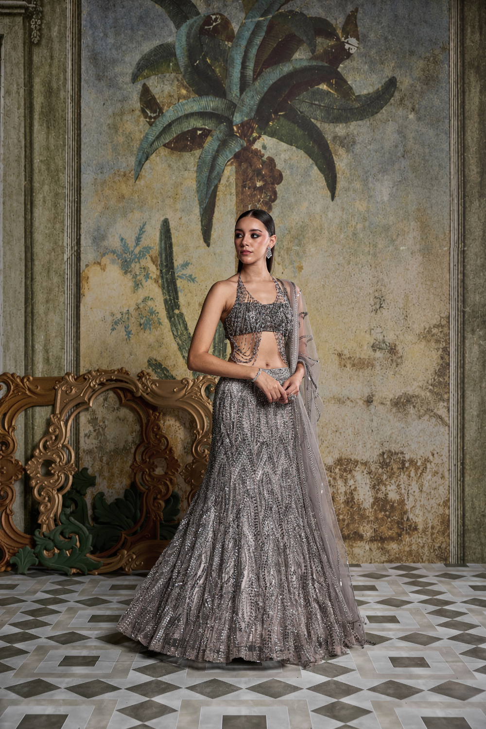 Grey Gunmetal Embellished Mermaid Skirt Set with Tasselled Blouse