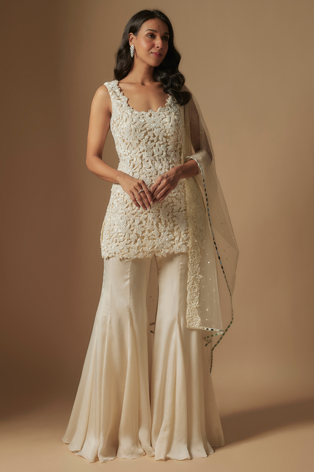 Tidal Hand embroidered short kurti with sharara and hand embroidered dupattta