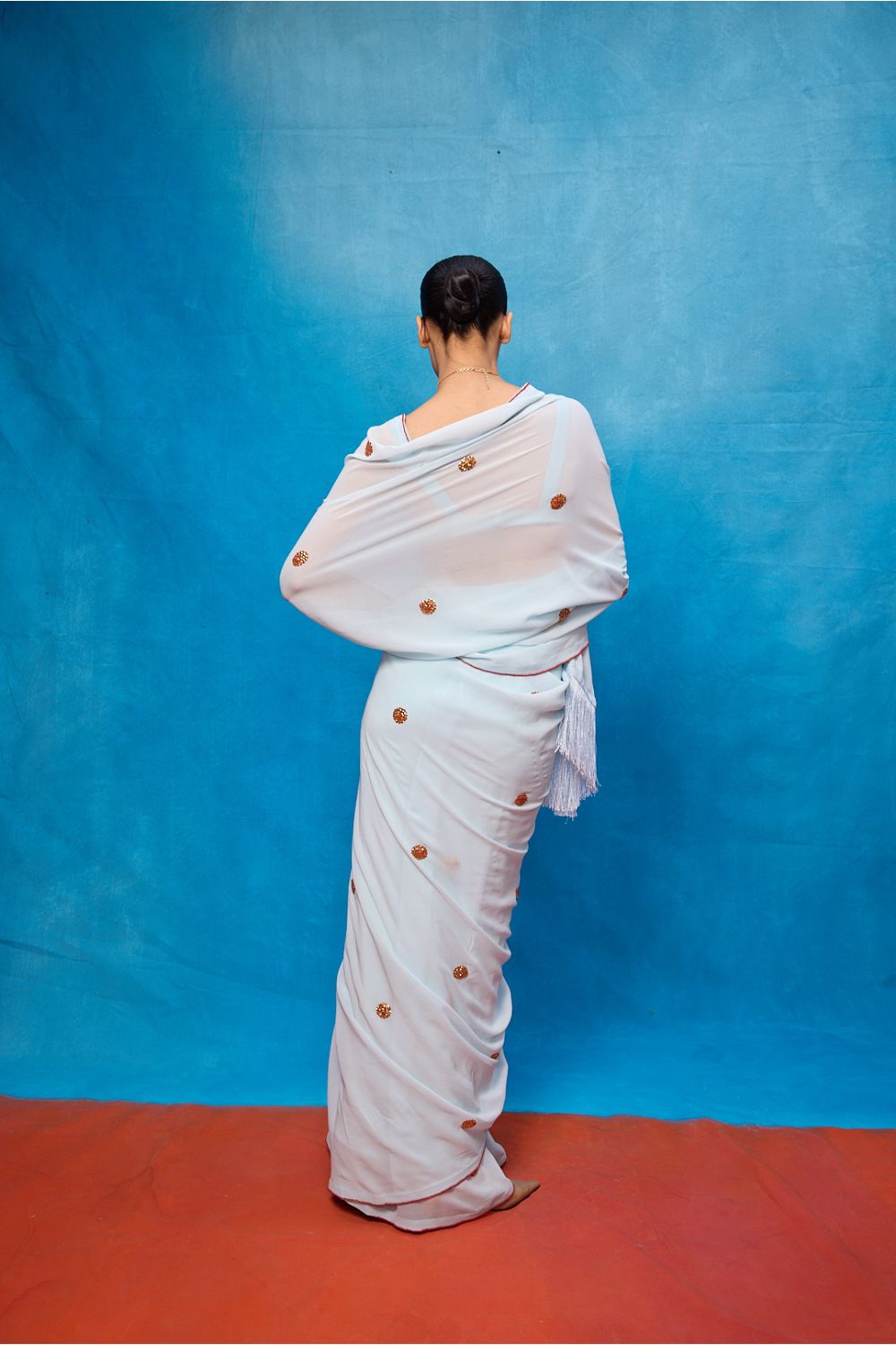 Handwoven Ice Blue Georgette Embroidered Saree