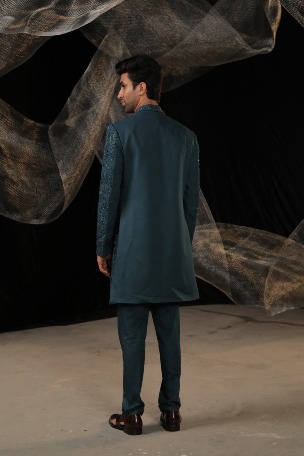 Azure Teal Indowestern With Ai Designed Bead And Resam Work