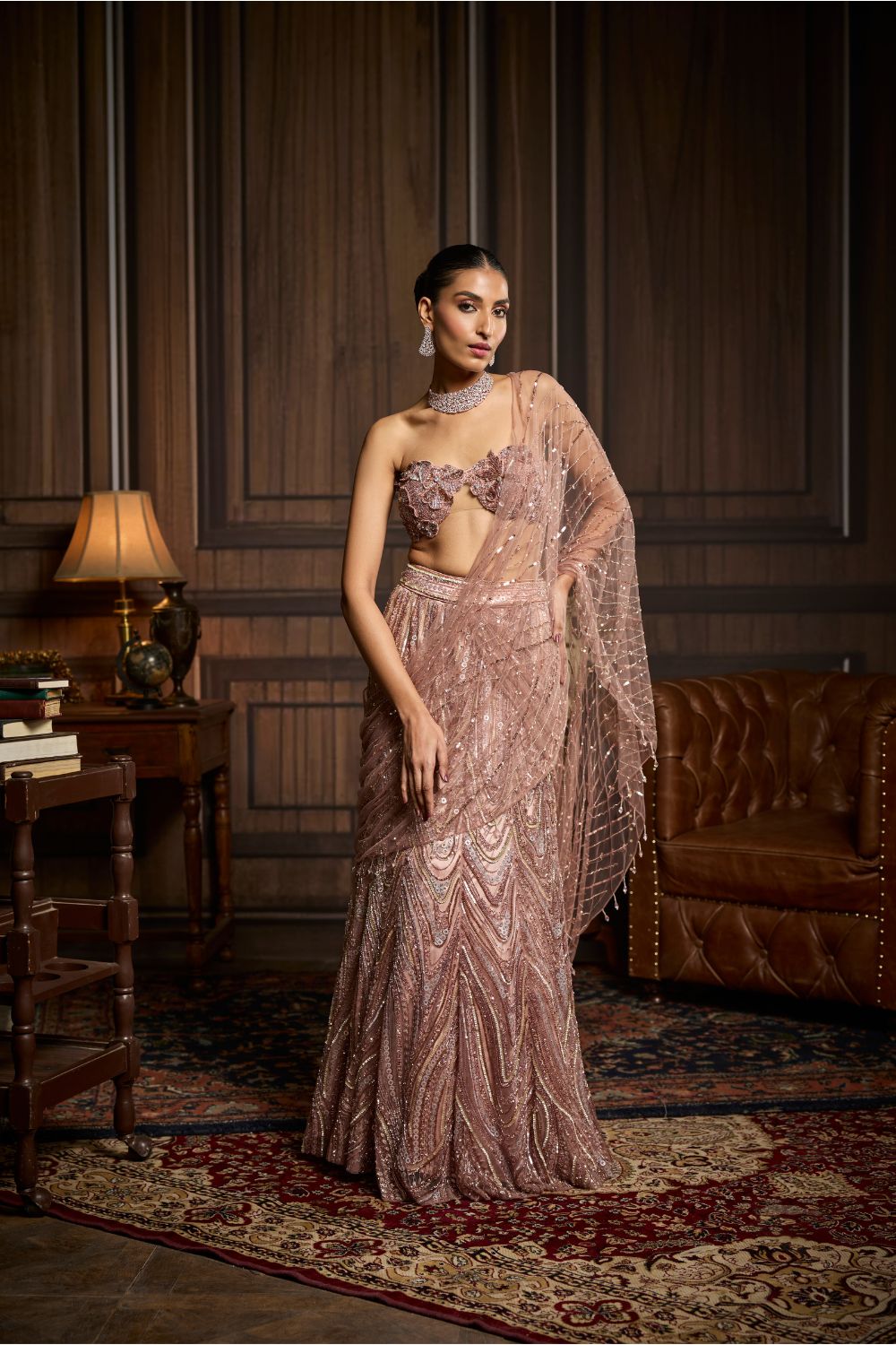 BLUSH PINK EMBELLISHED PRE-DRAPED SKIRT SAREE SET