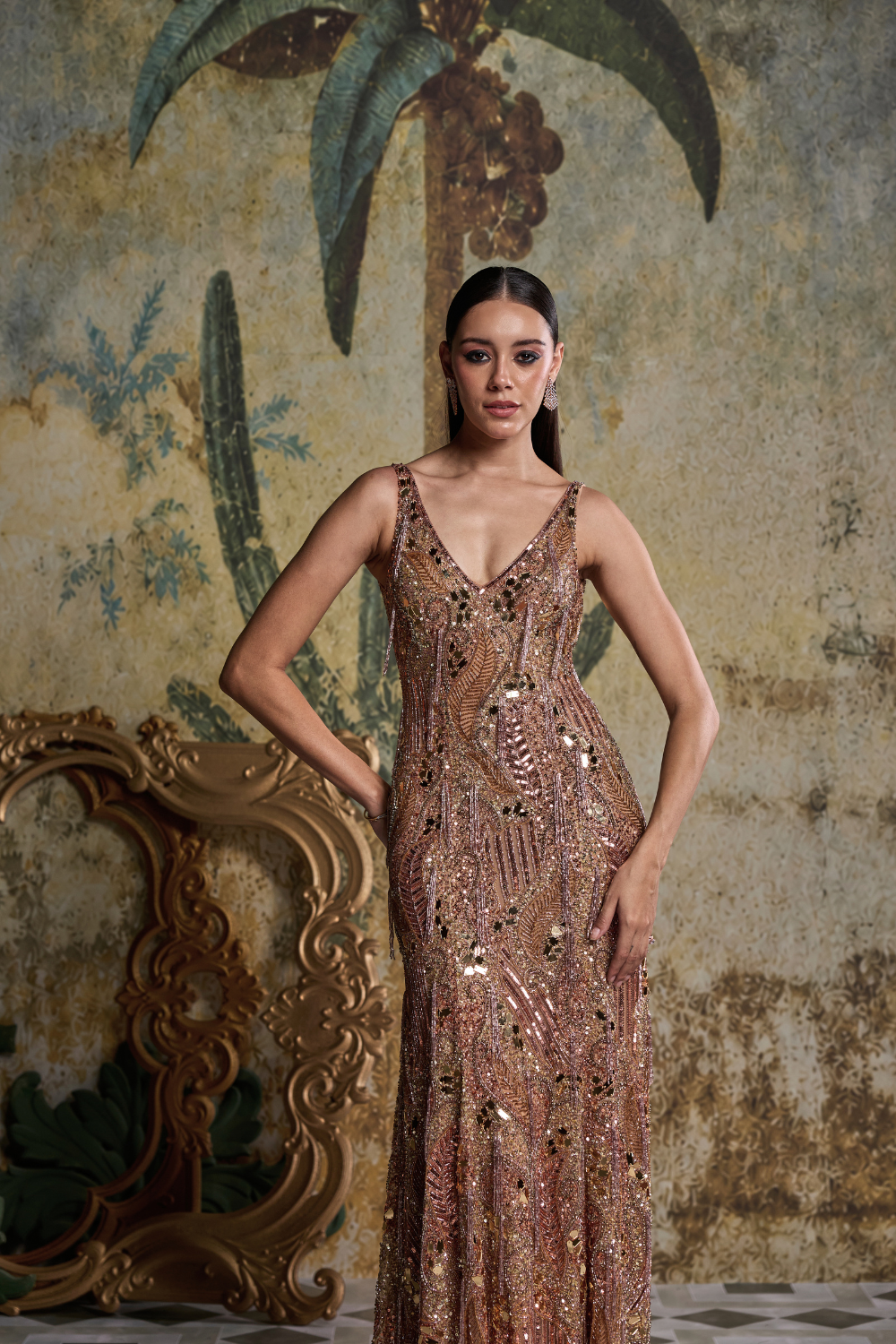 Rose Gold Abstract Acrylic Embellished Gown