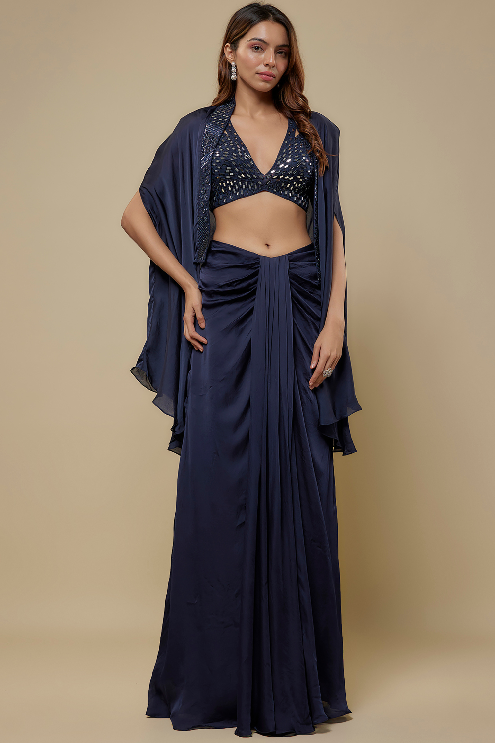 Maven Drape skirt paired with mirror work blouse and cape