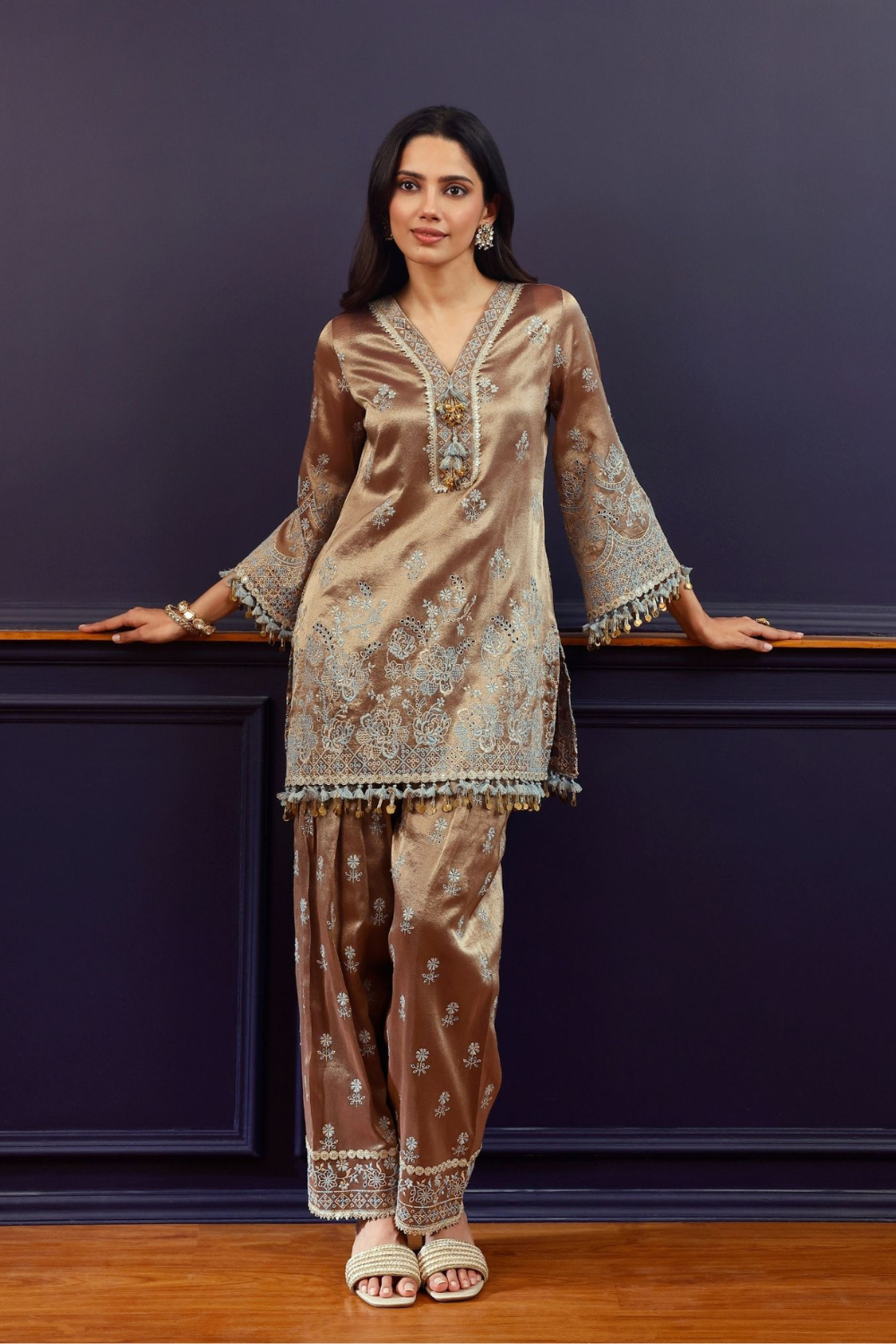Lovi Tissue Pista Brown Kurta With Farshi Salwar