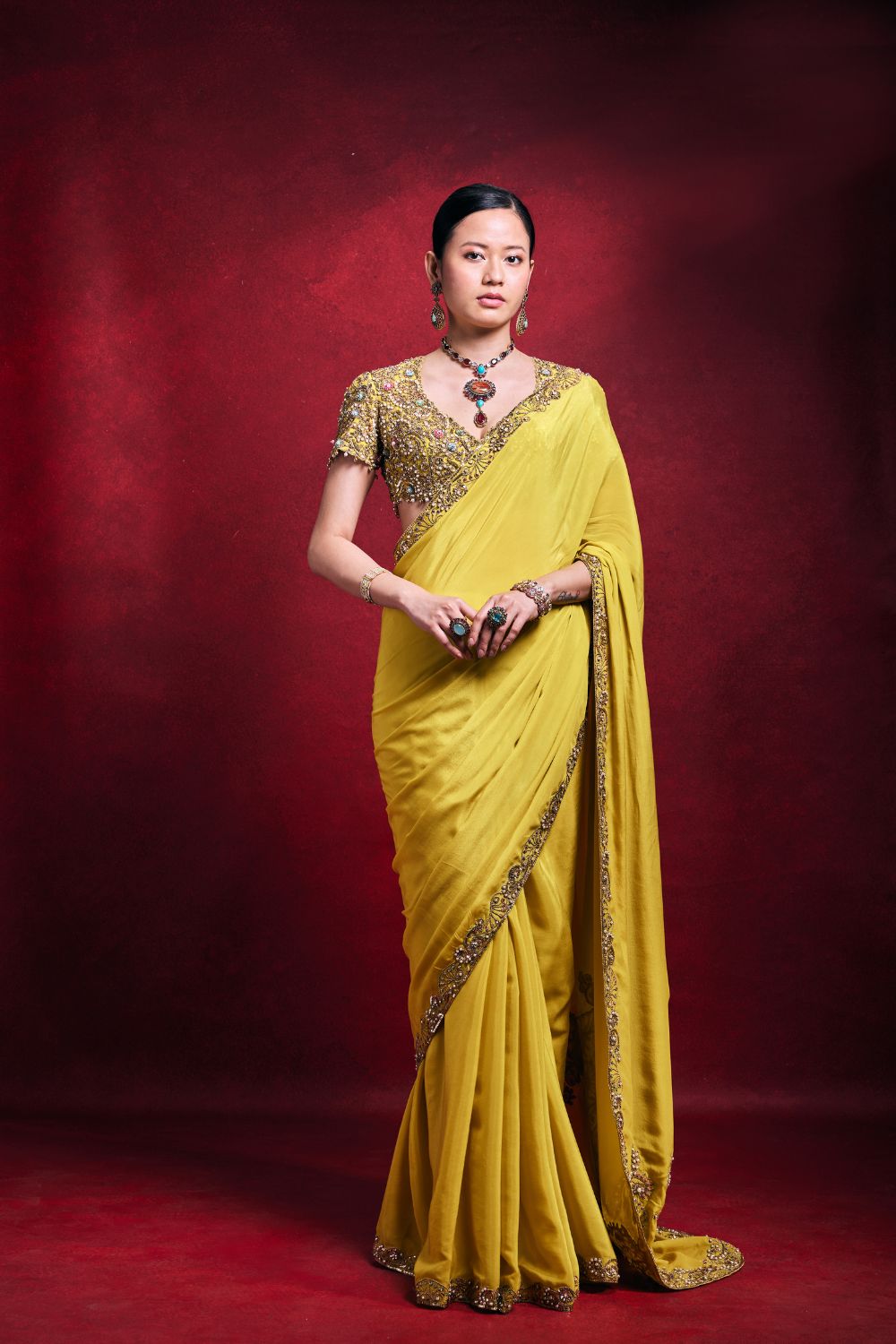 YELLOW CREPE SAREE SET