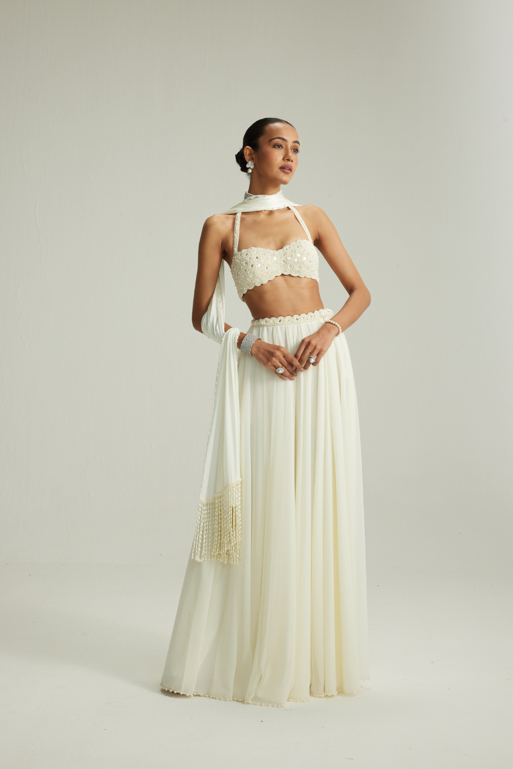 Off White Skirt Set With Halter Neck Blouse