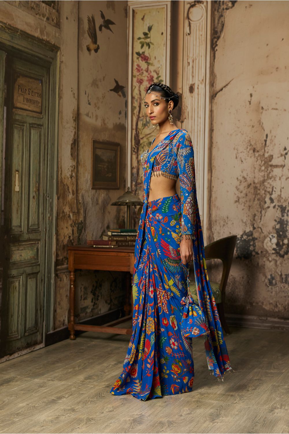 ELECTRIC BLUE PRINTED AND HIGHLIGHTED DHOTI SAREE