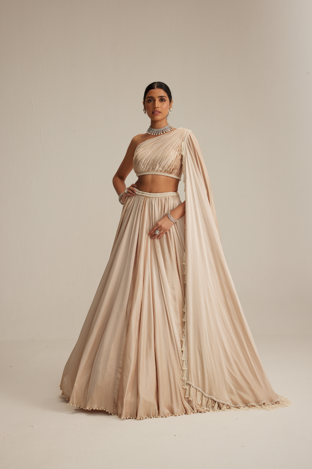 Light Beige Satin Lehenga Set