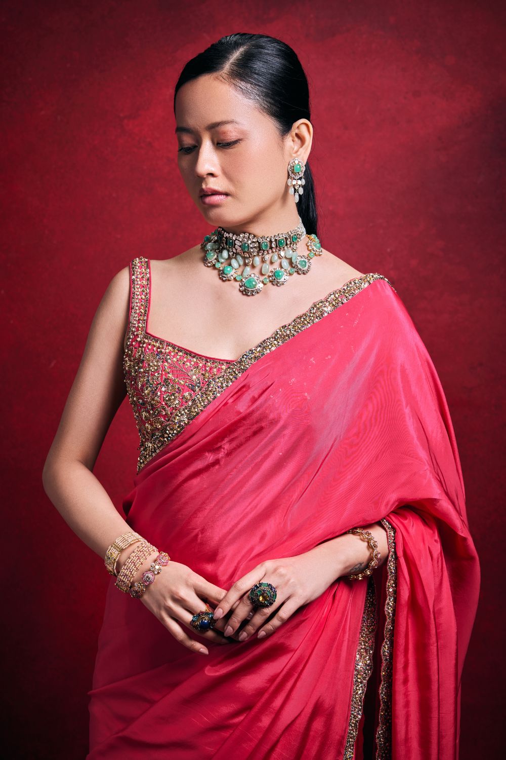 EMERALD GREEN CREPE SAREE SET