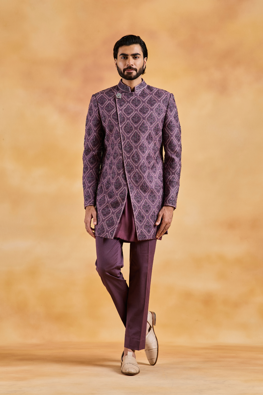 Wine Sherwani Kurta Trouser Set