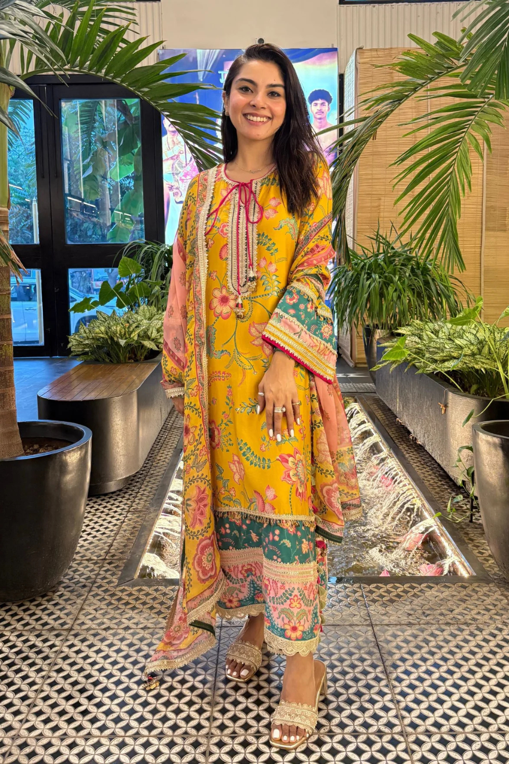 Nisi Pima Satin Printed Mustard Kurta Set