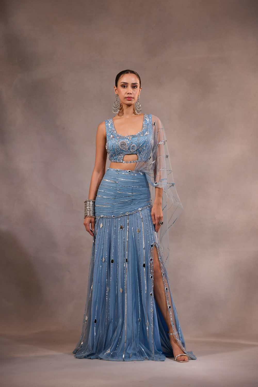 Powder Blue Embellished Mermaid Lehenga Saree Set