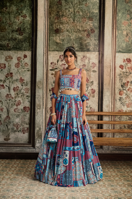 TEAL PRINT AND HIGHLIGHTED SQUARE NECK BLOUSE WITH LEHENGA SET