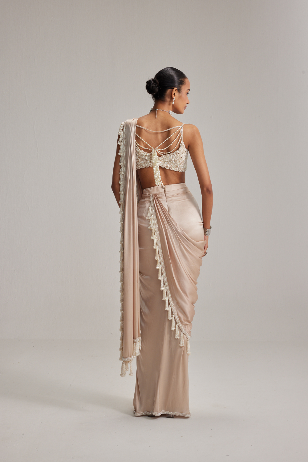 Light Beige mirror and pearl Satin Draped Saree set
