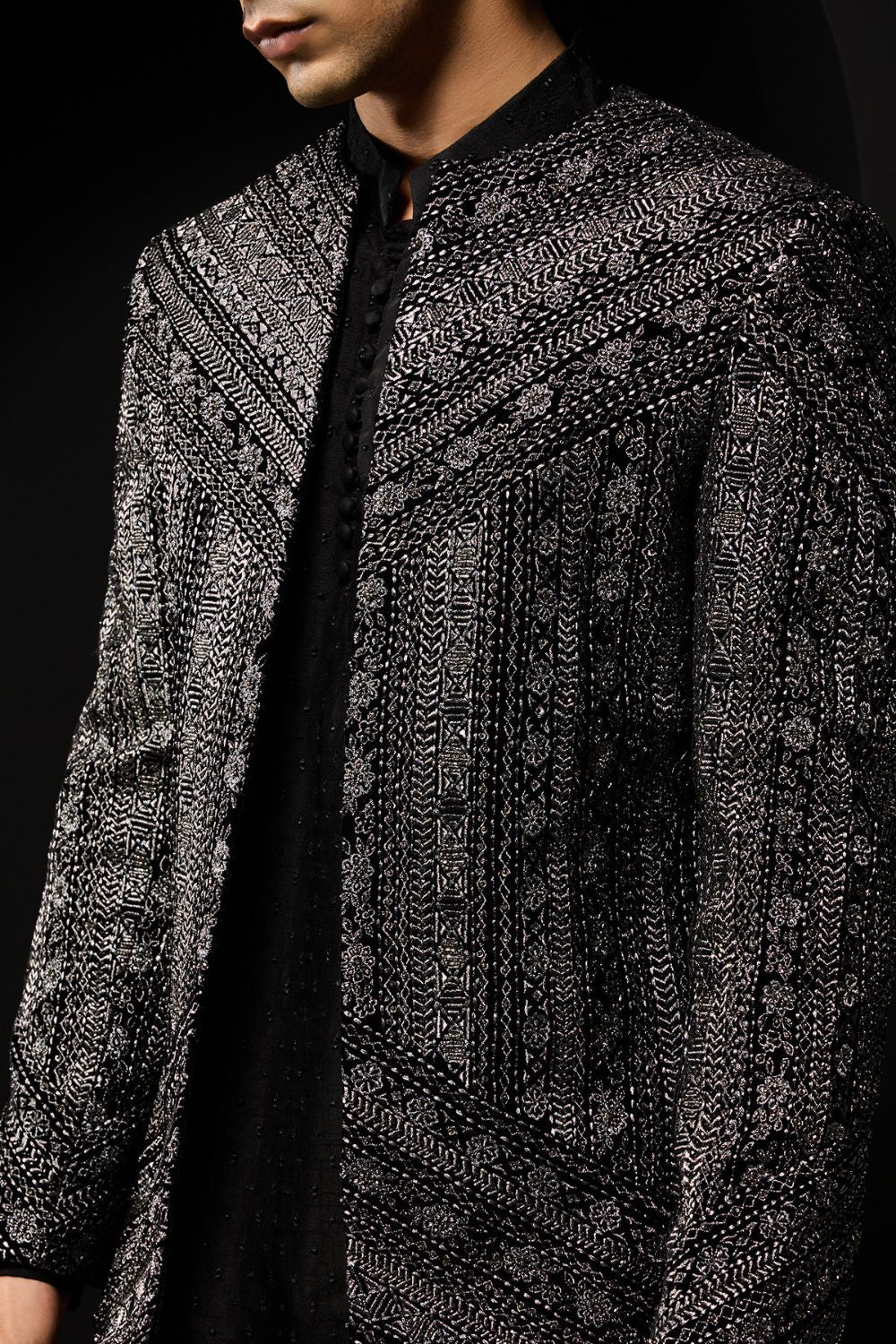 Black open bandhgala with silver zari , sequins & pearl work