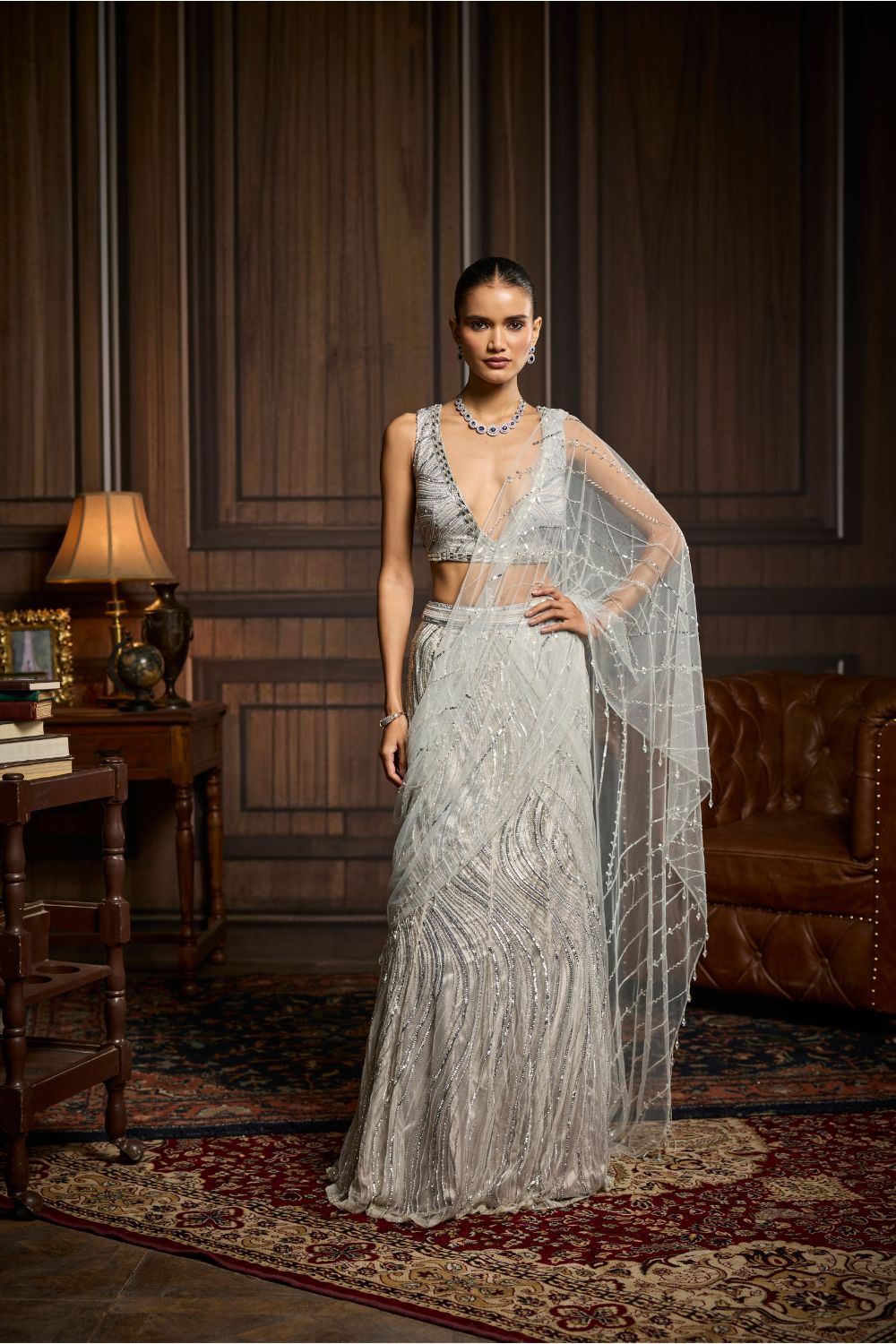 SILVER EMBELLISHED PRE-DRAPED SKIRT SAREE SET
