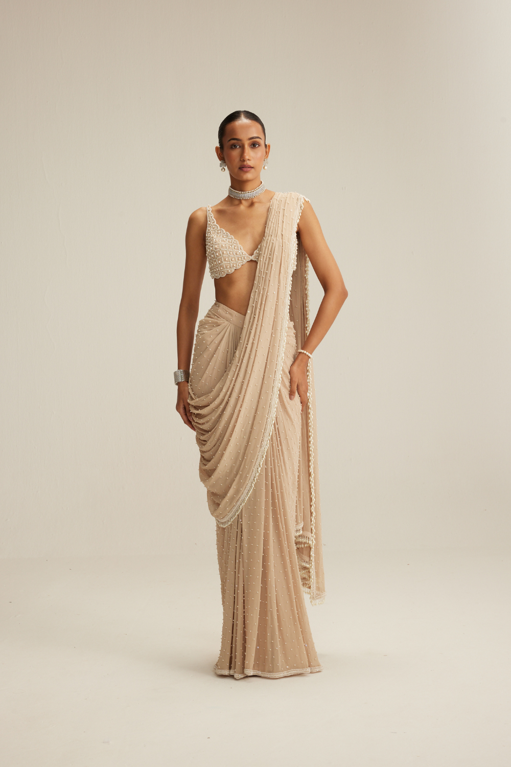 Light Beige Scattered Pearls draped saree set
